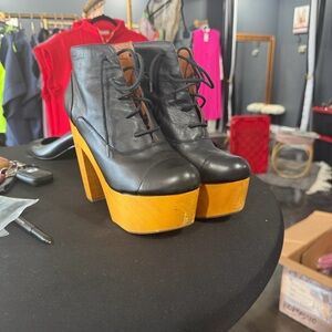 Ecote Black Leather Lace-Up Platform Ankle Boots with Yellow Wood Platform